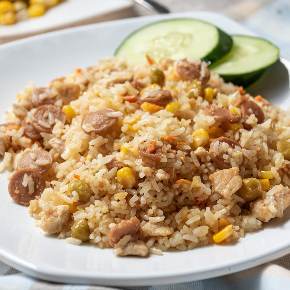 Fried rice with sliced sausage, chicken, corn, and peas, garnished with cucumber slices.